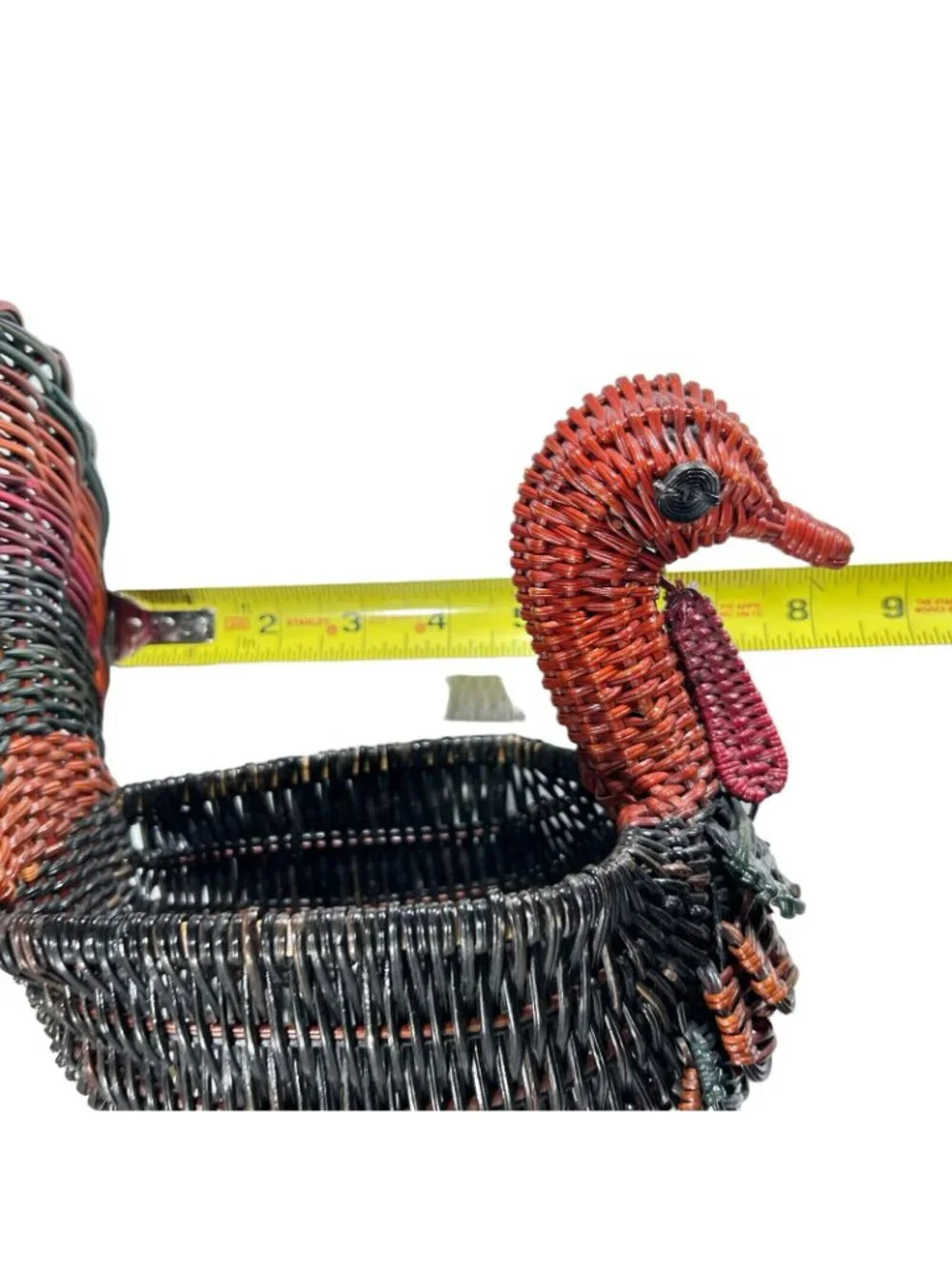 Vtg Wicker Turkey Basket Rattan Red Green Fall Bird Decor Handwoven Colorful